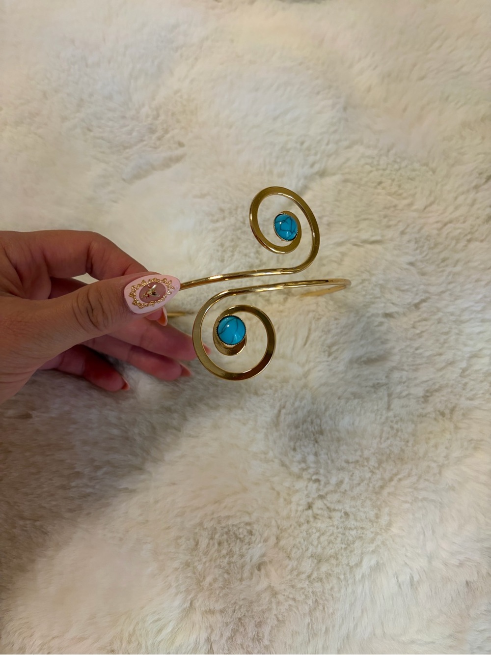 Gold Spiral arm Cuff Bracelet with Turquoise Stones - Women's Jewelry